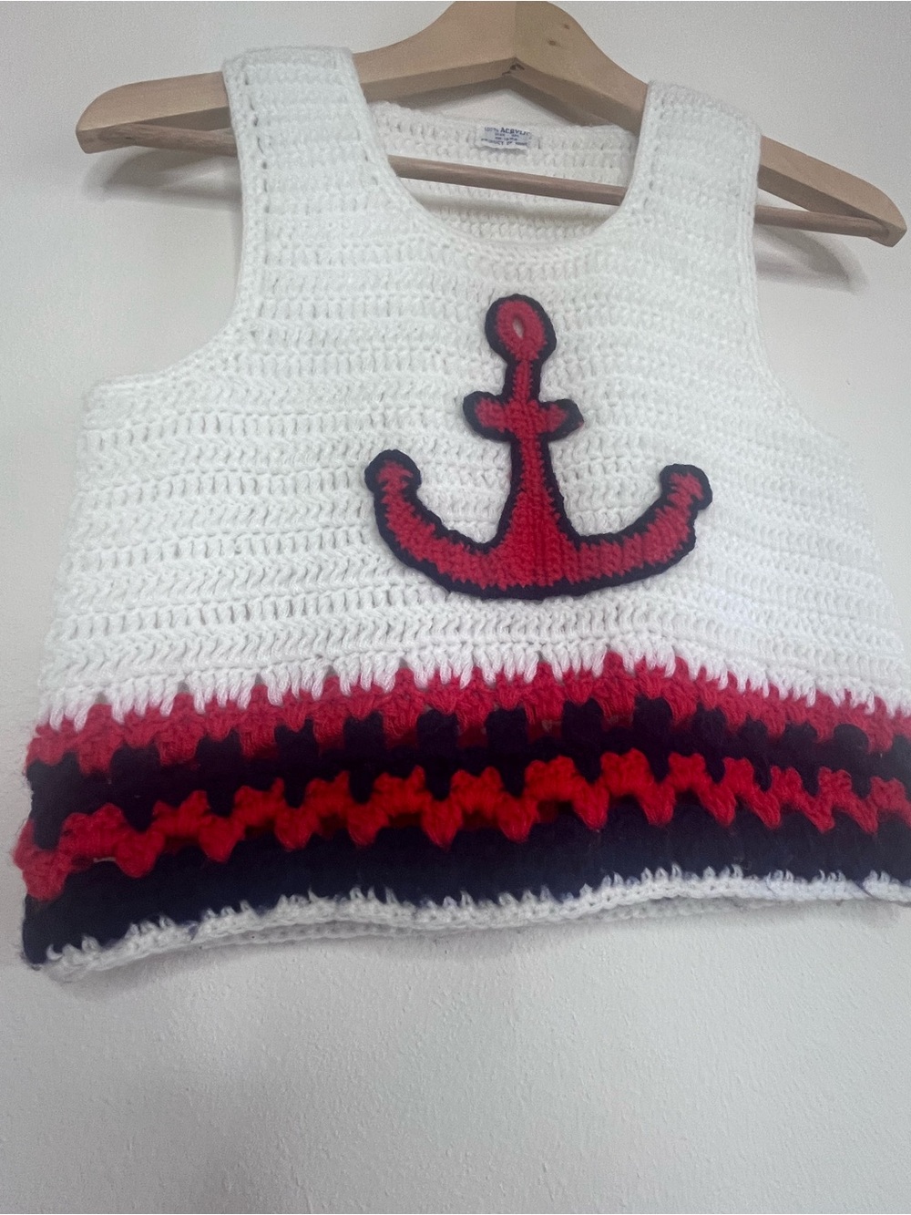 Handmade White Crochet Crop Tank with Red Anchor - Picture 6 of 7